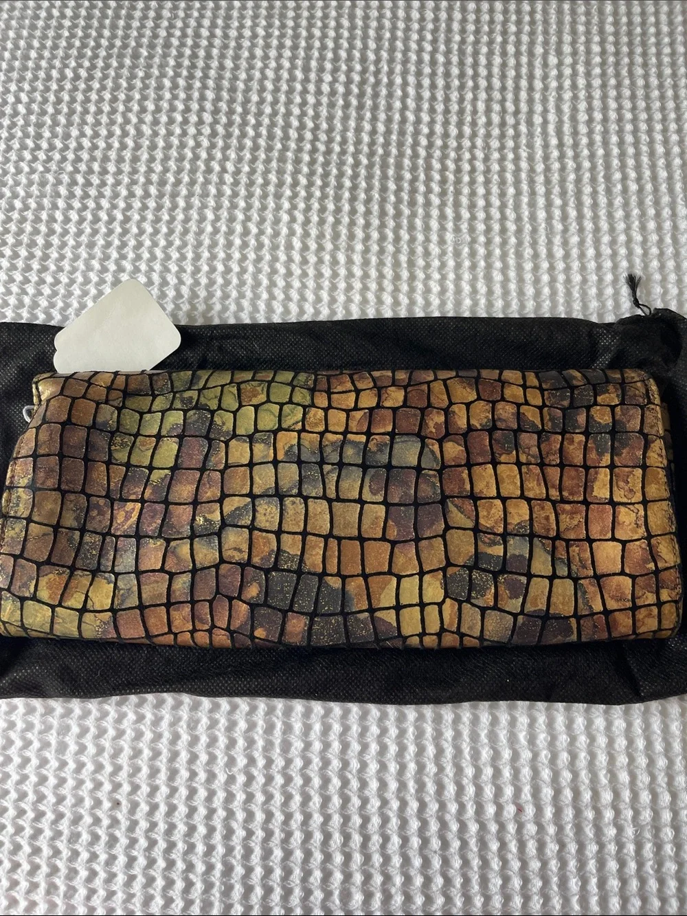 Reptile-Textured Fold Clutch in Brown and Gold